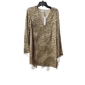 New ASOS EDITION Size 4 Embellished mini shift dress fringe gold *Missing Beads*